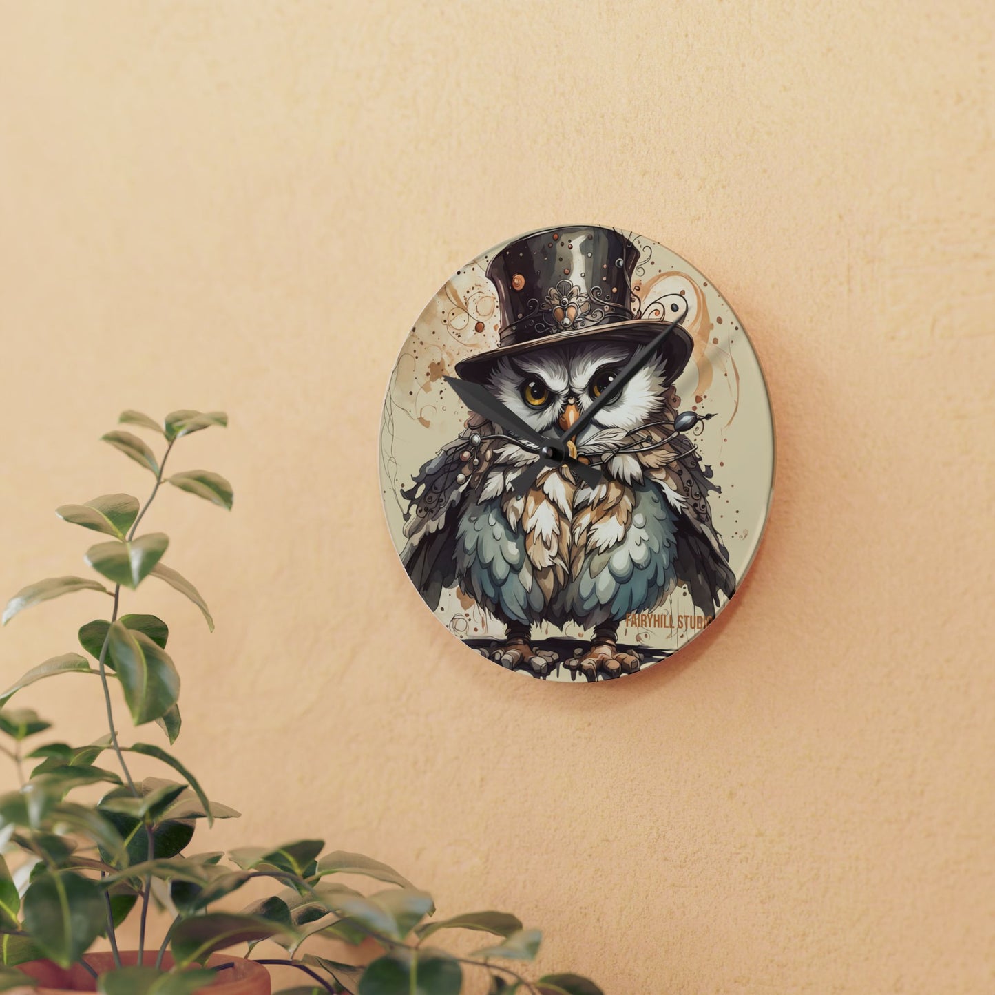 Acrylic Wall Clock - Cute Night Owl Steampunk Art