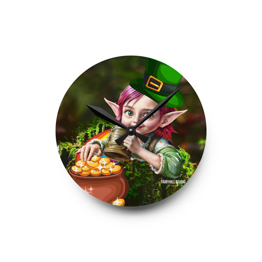Acrylic Wall Clock Irish Elf with pot of gold/Art