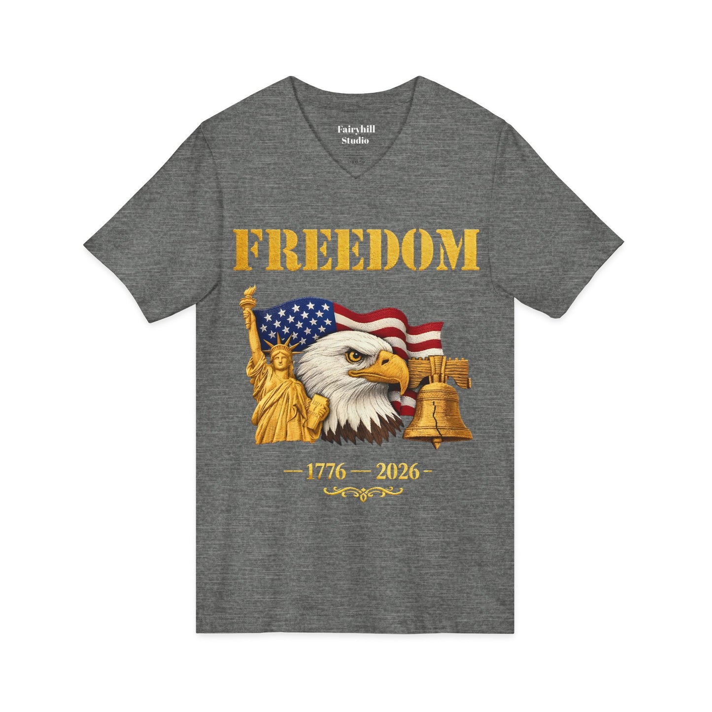 Freedom 1776–2026 Patriotic V-Neck Tee — Eagle, Flag & Liberty Bell 250th Anniversary