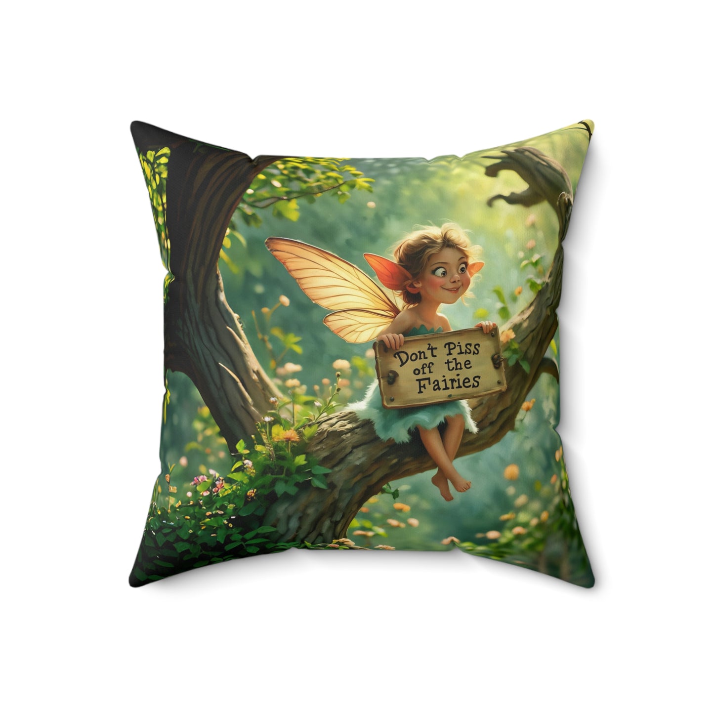 Square Pillow - "Don't Piss Off the Fairies" quote Fairy Art by Fairyhill Studio