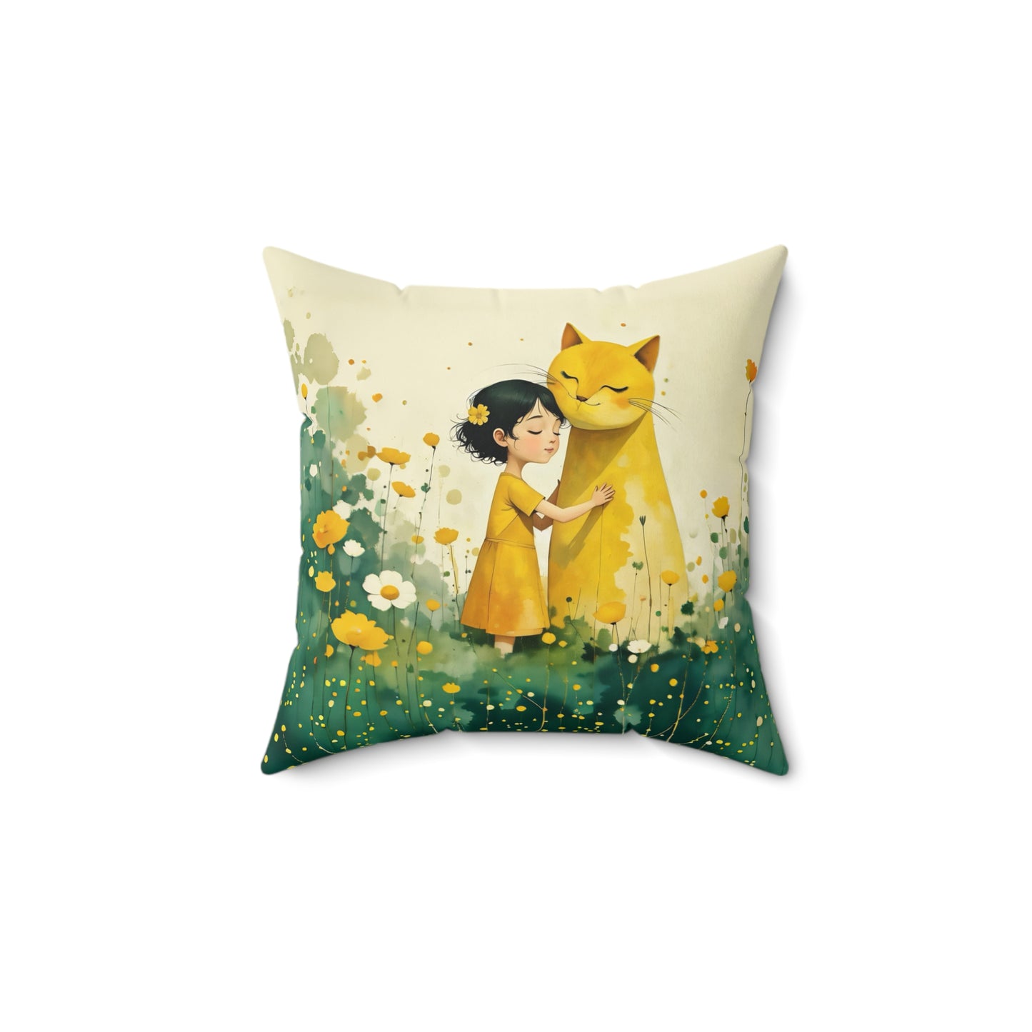 Girl with yellow  cat  Square Pillow - by Fairyhill Studio