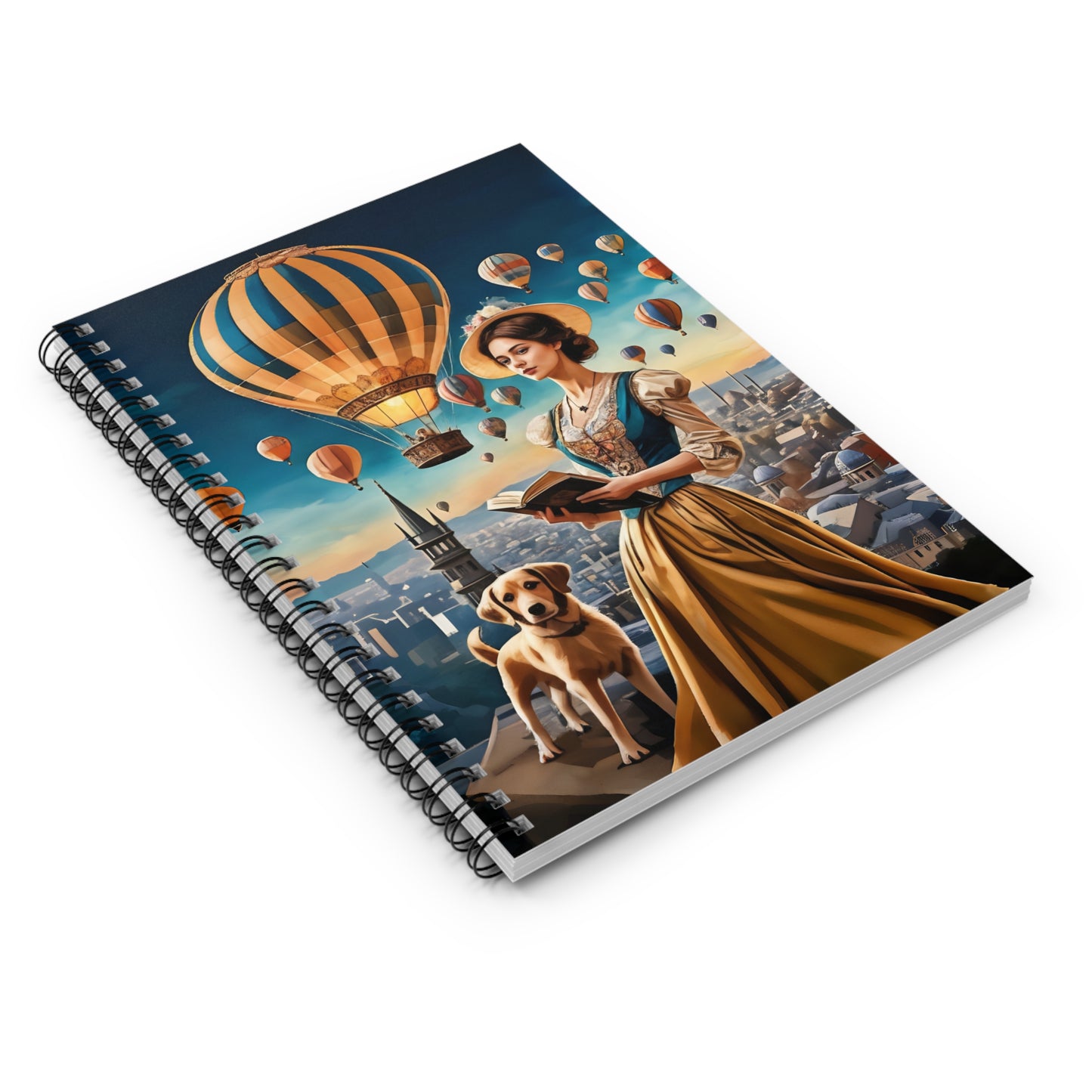 Spiral Notebook - Hot Air Balloons and Victorian Girl Reading with Dog