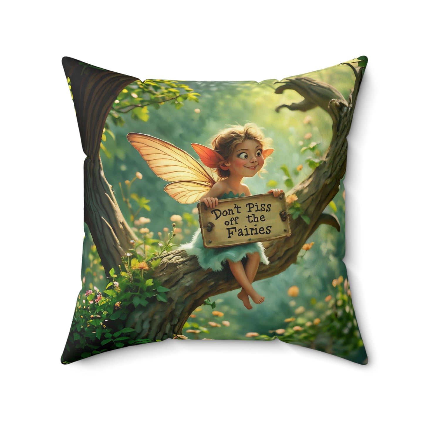 Square Pillow - "Don't Piss Off the Fairies" quote Fairy Art by Fairyhill Studio