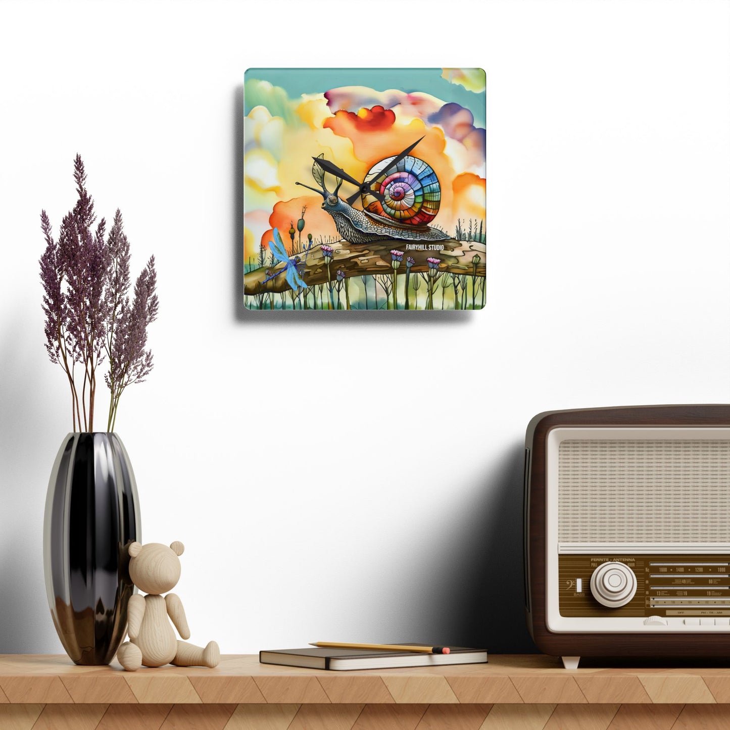 Acrylic Wall Clock Snail  and Dragonfly/Art