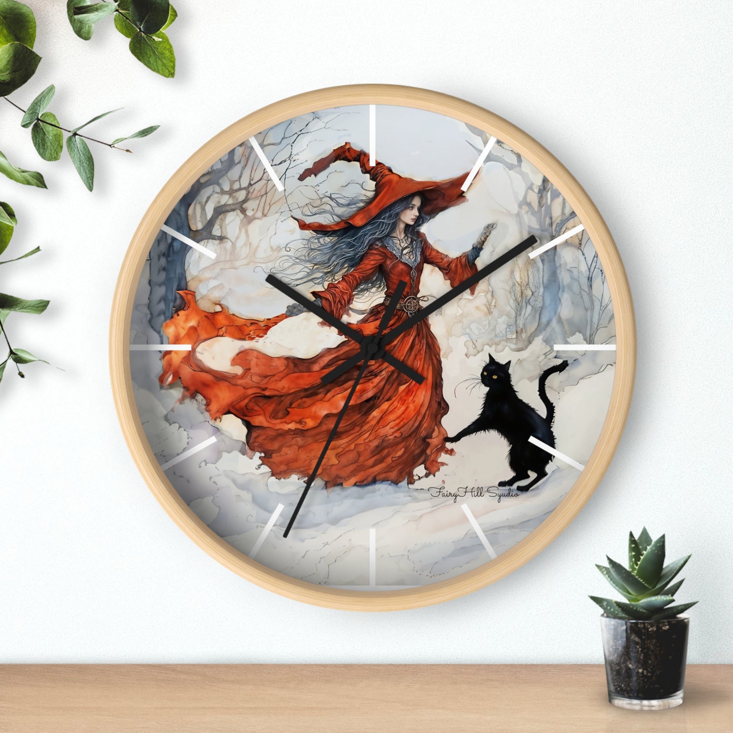 Crimson Witch with black cat Wall Clock, Boho Home Decor, Cat Lover Gift, Cozy Living Room Accessory, Unique Cat Artwork