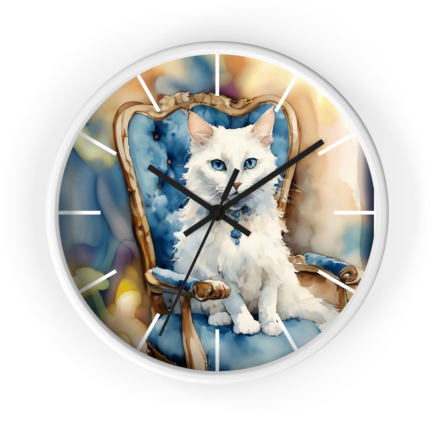Fairy Hill Studio" White cat "  Wall Clock