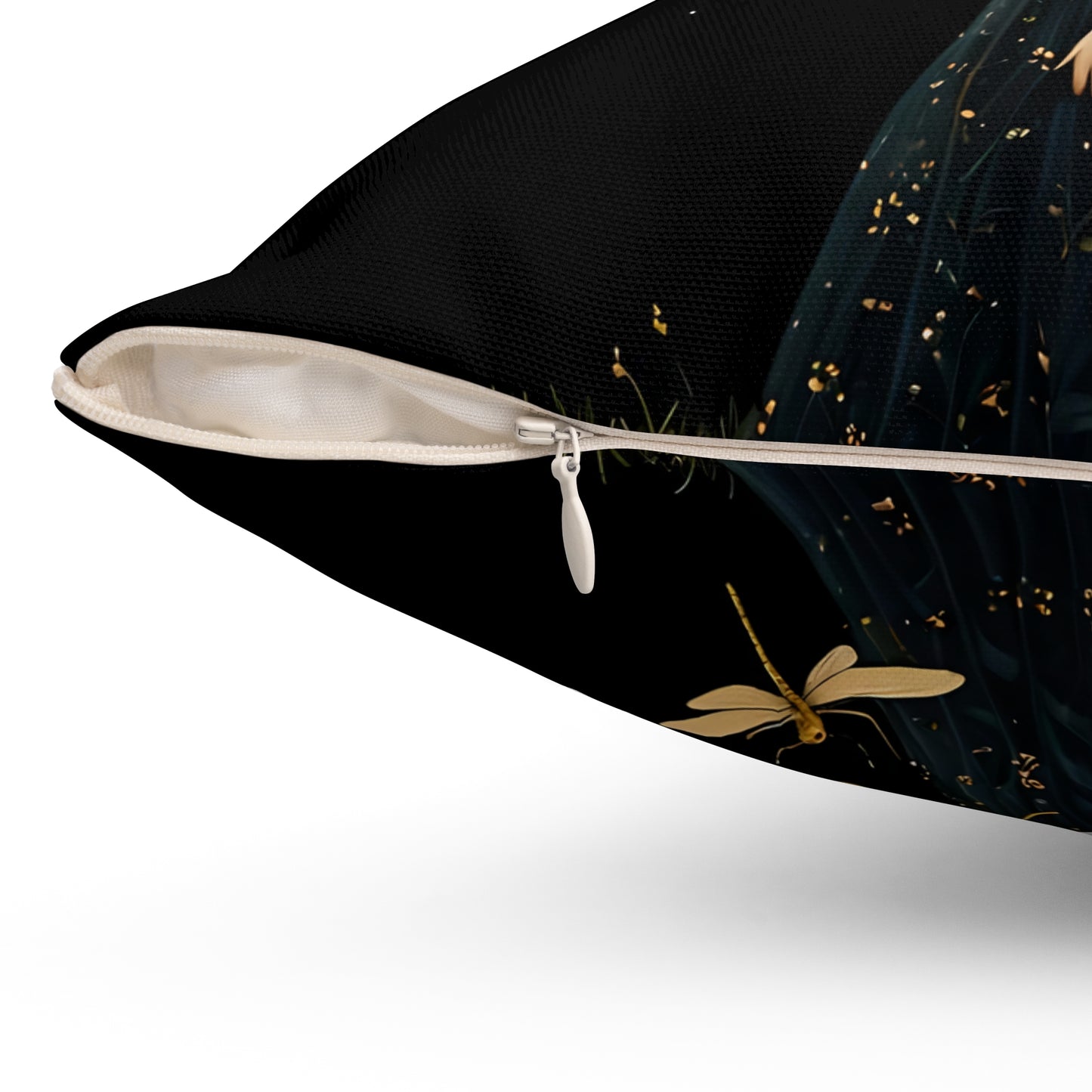Square Pillow - Midnight Girl with Golden Dragonflies at Night Art by Fairyhill Studio