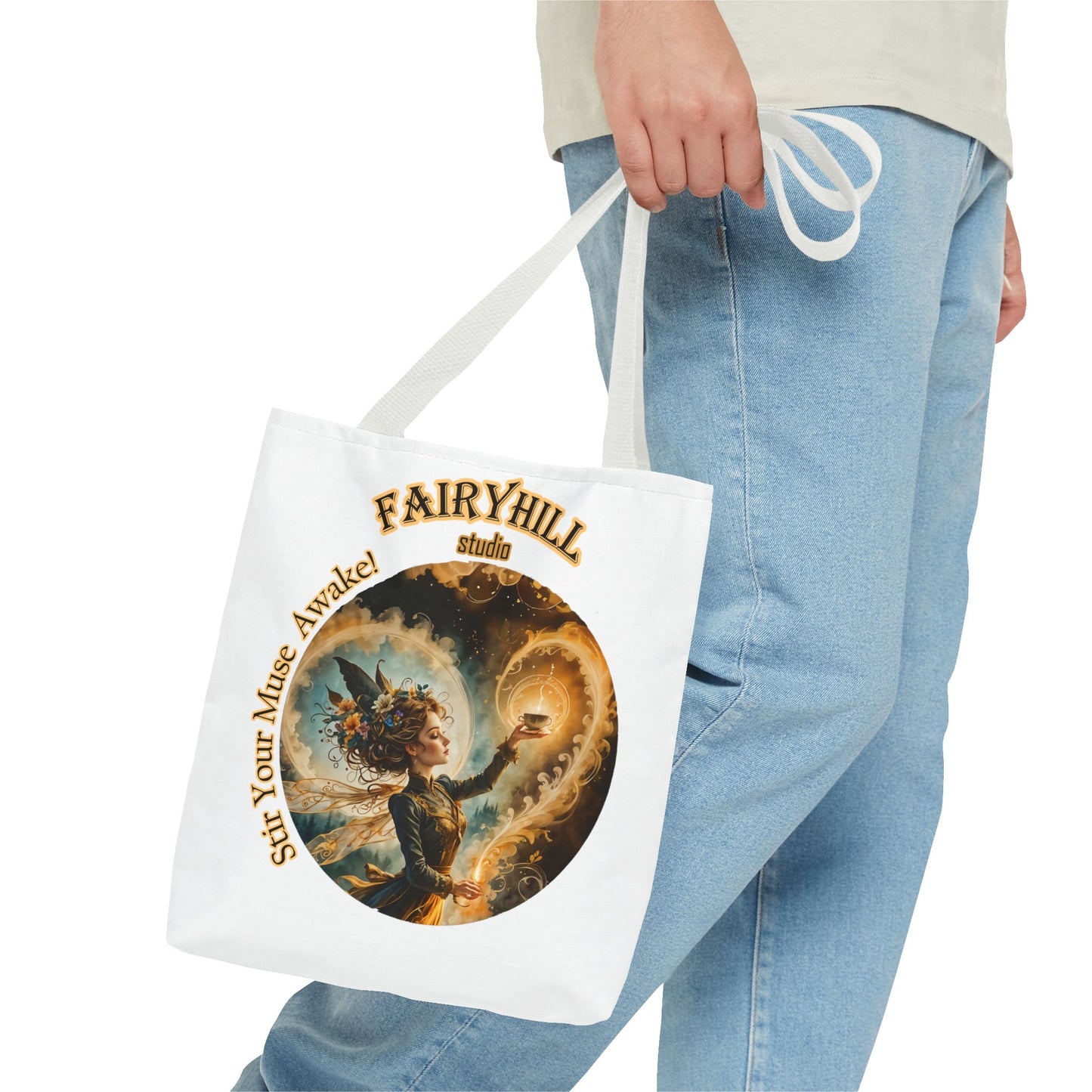 Coffee Fairy Tote Bag - 'Stir your muse awake' Quote Art by Fairyhill Studio