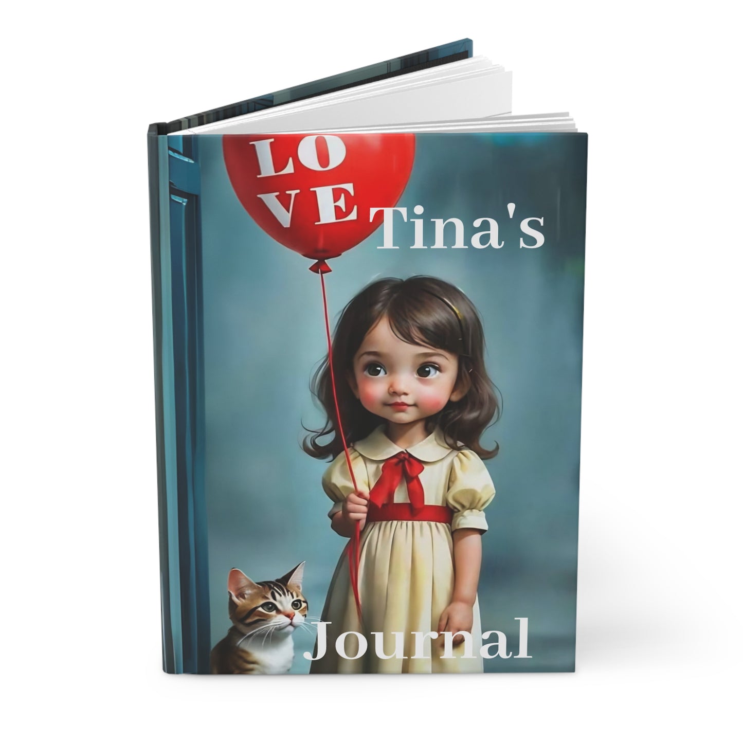 Hardcover Journal Matte - Cute Girl with Red Love Balloon and Cat Art