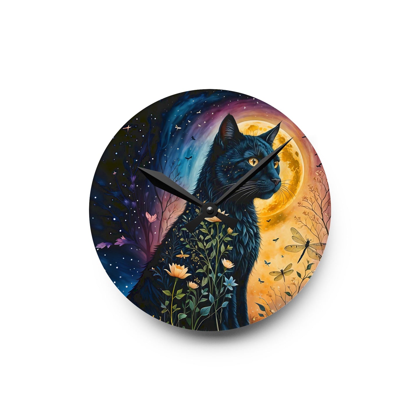 Acrylic Wall Clock - Black Cat Night Flowers Dragonflies Beautiful Art