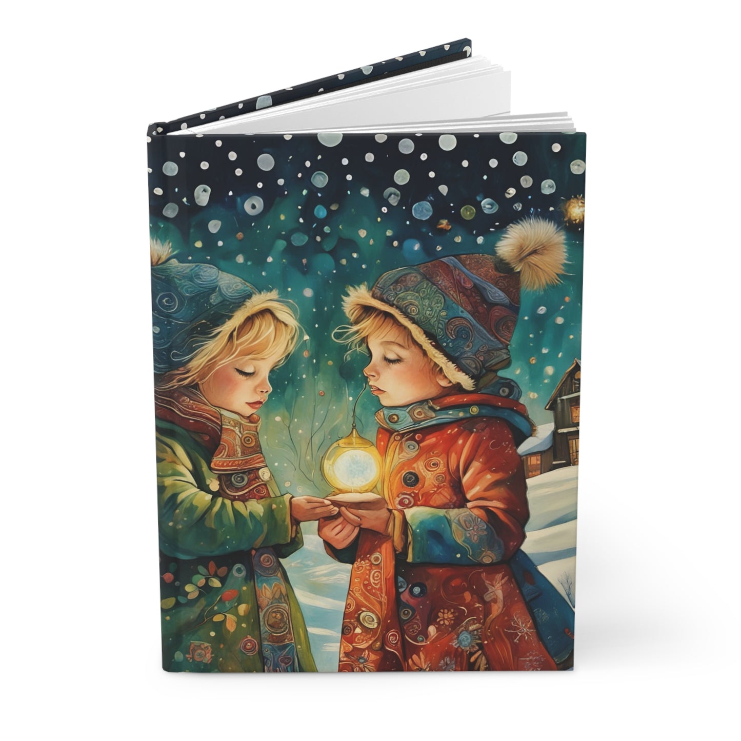 Hardcover Journal Matte - Christmas Gift Art featuring 2 Children in Snow by Fairyhill Studio