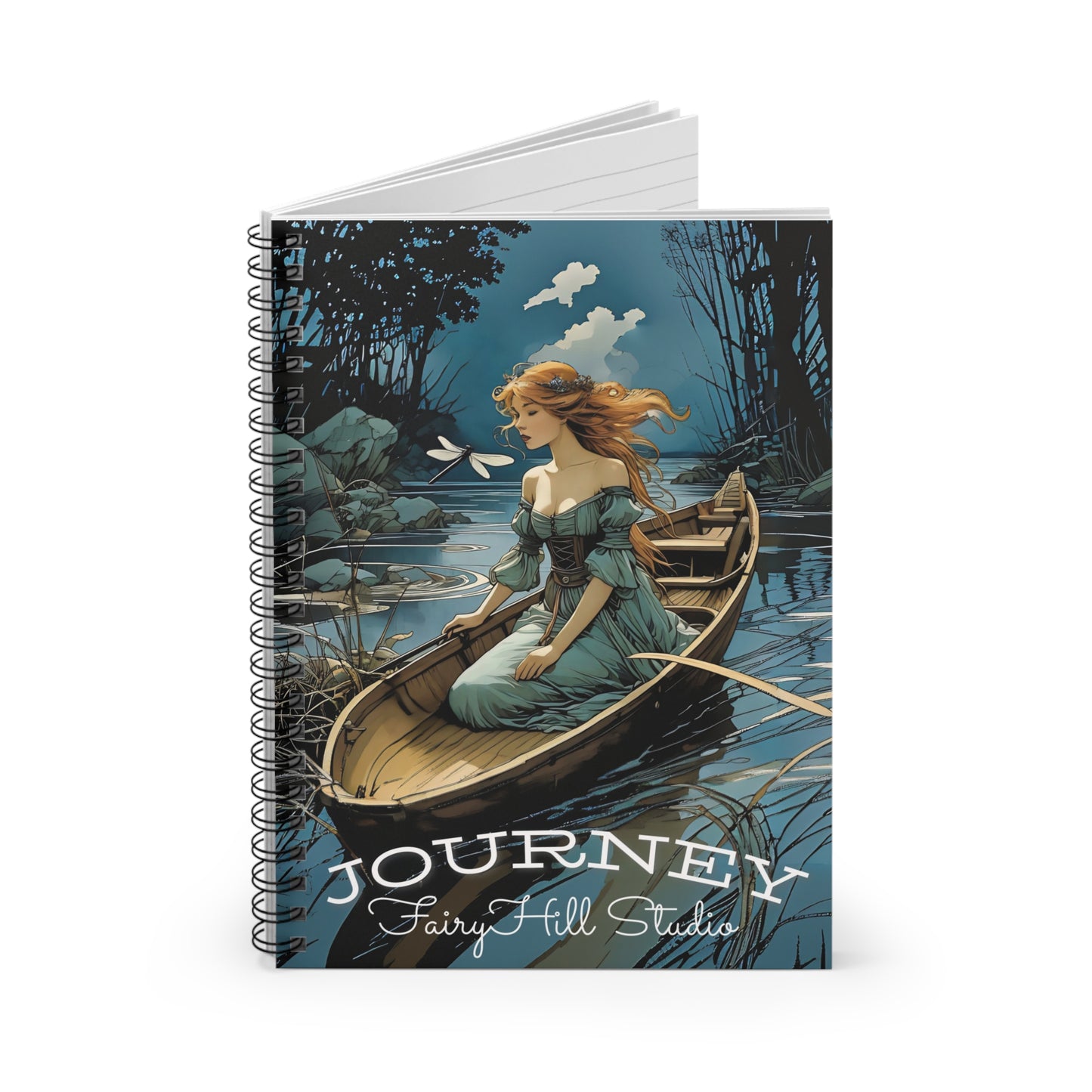 Spiral Notebook - Girl in a Boat on a River with Dragonfly Art
