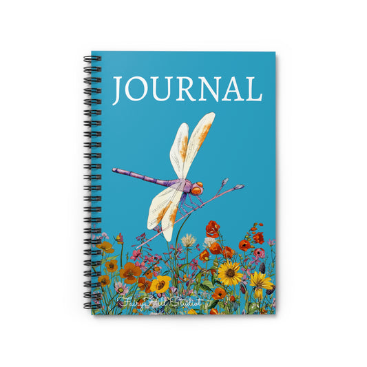 Journal Spiral Notebook - Dragonfly on Wild Flowers Aqua Background Art by Fairy Hill Studio