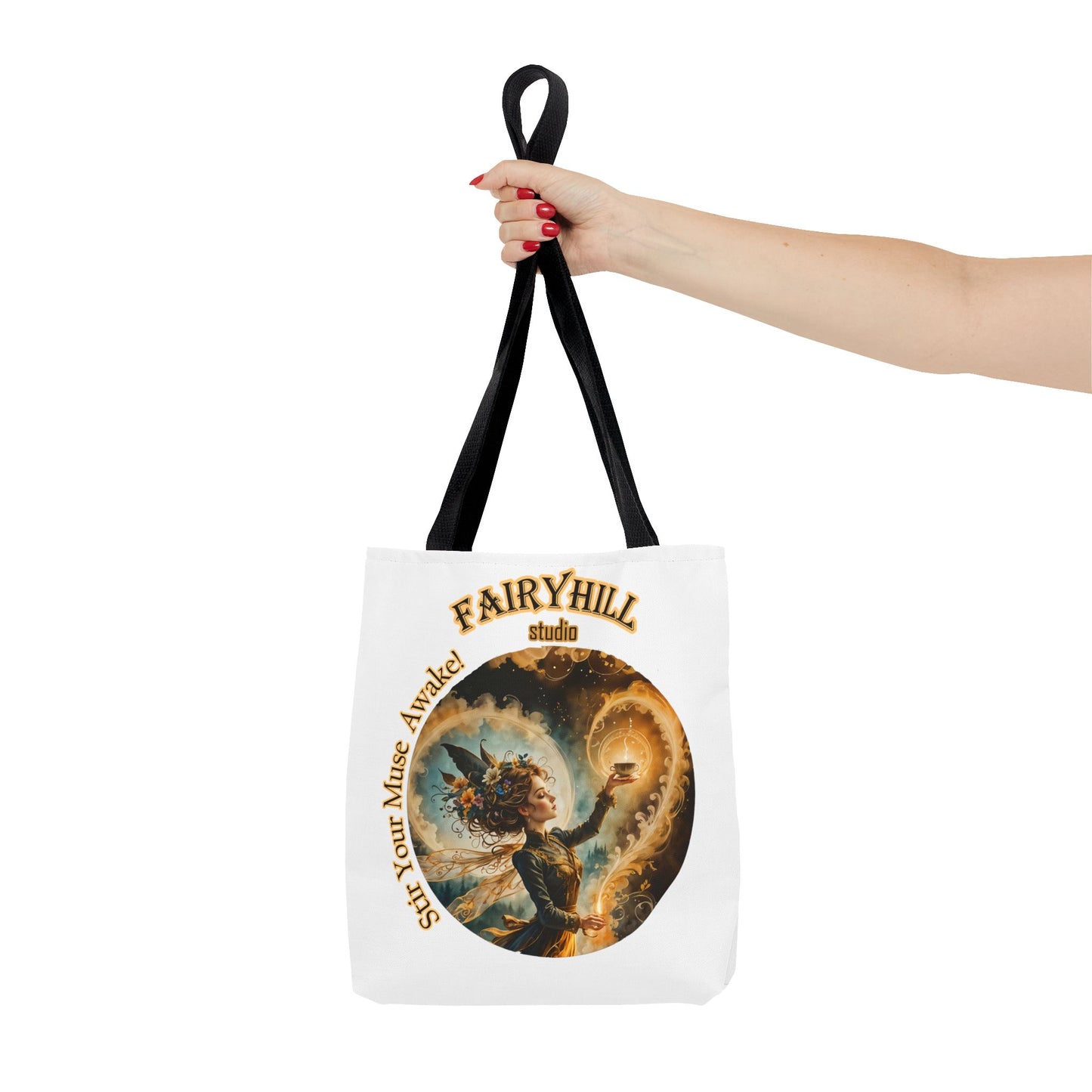 Coffee Fairy Tote Bag - 'Stir your muse awake' Quote Art by Fairyhill Studio