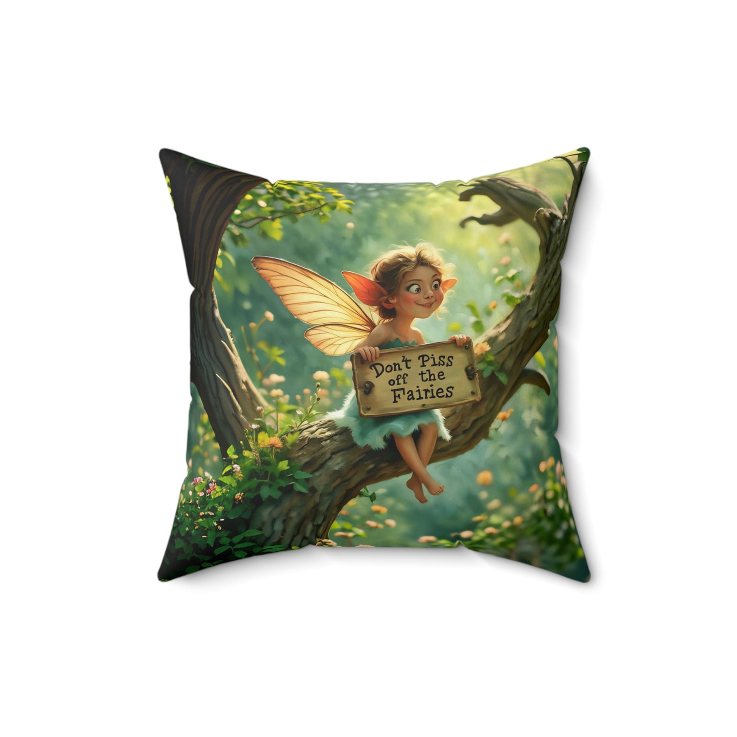 Square Pillow - "Don't Piss Off the Fairies" quote Fairy Art by Fairyhill Studio