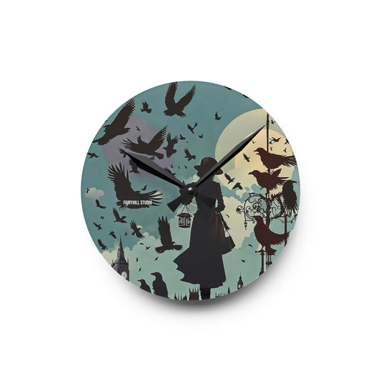 Wall Clock - Lady with Crows in London Alfred Hitchcock Movie The Birds Inspired Design