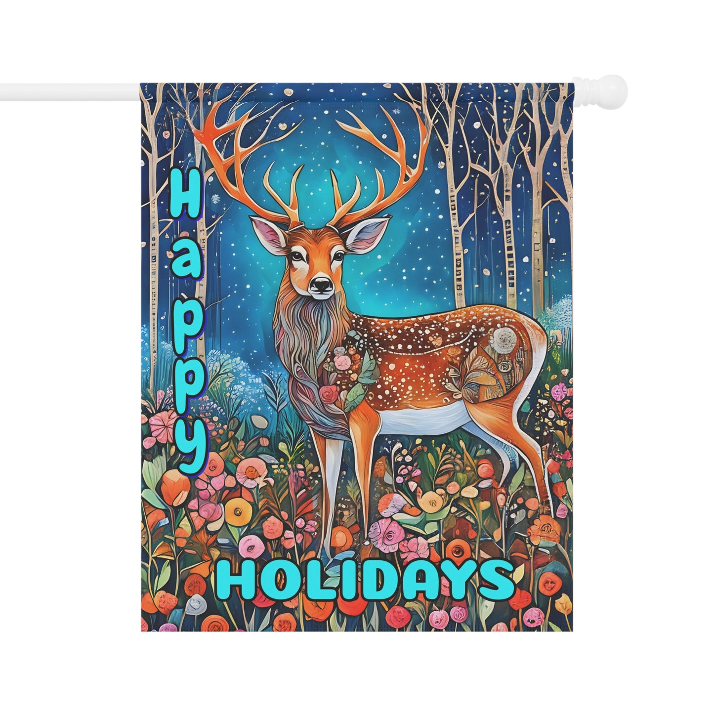Garden Banner Deer Flag with vibrant colors and Happy Holidays Winter Yard Decor