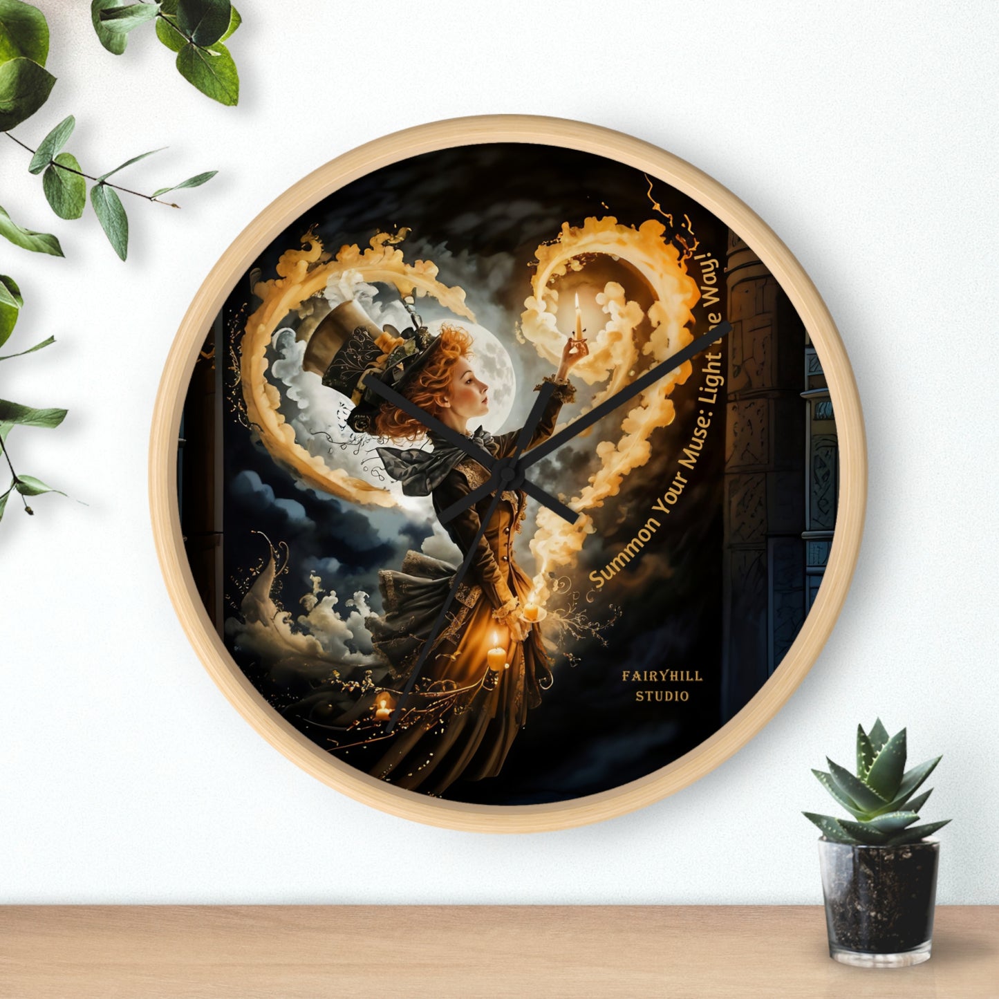 Acrylic Wall Clock - Mad Hatter Fairy Muse with Candle Art by Fairyhill Studio