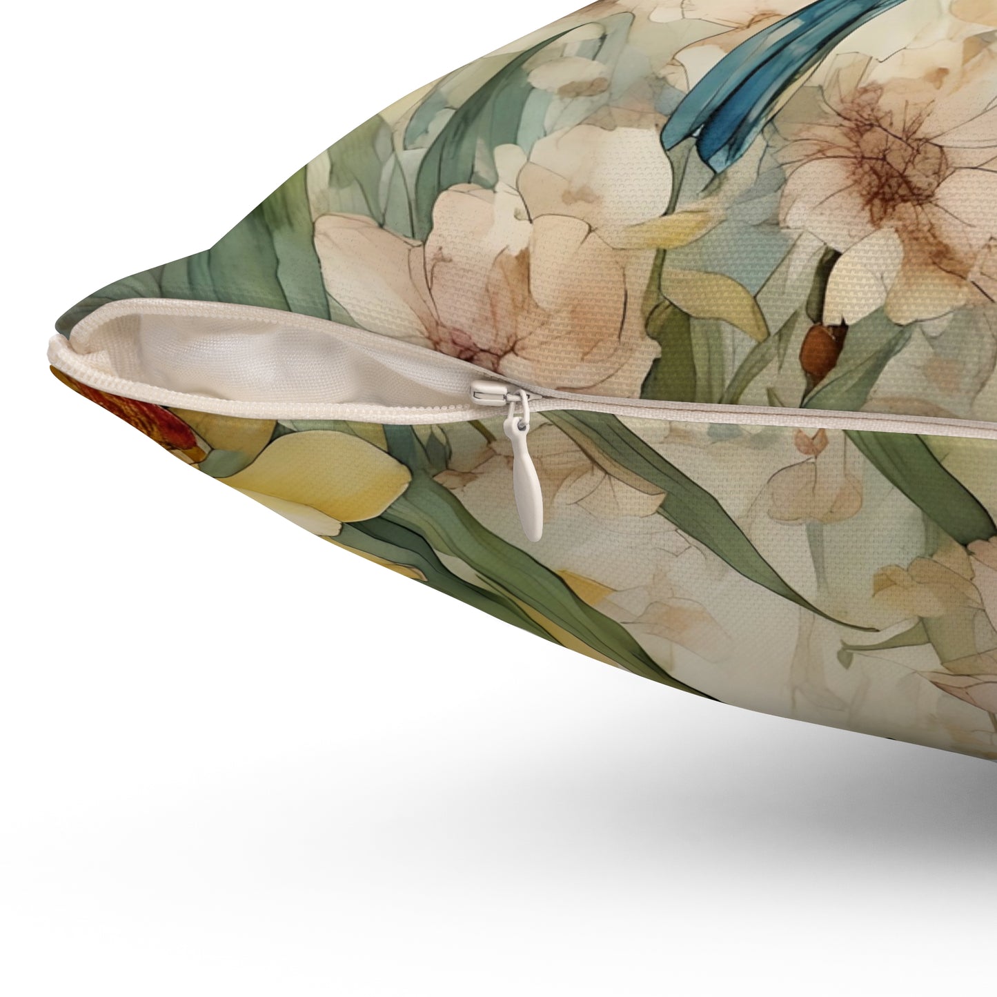 Square Pillow Blue Bird Yellow Flowers Summer Art Throw Pillow