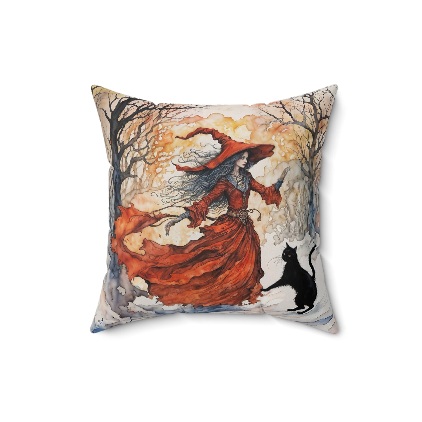 Crimson witch with black cat pillow  Square Pillow - by Fairyhill Studio