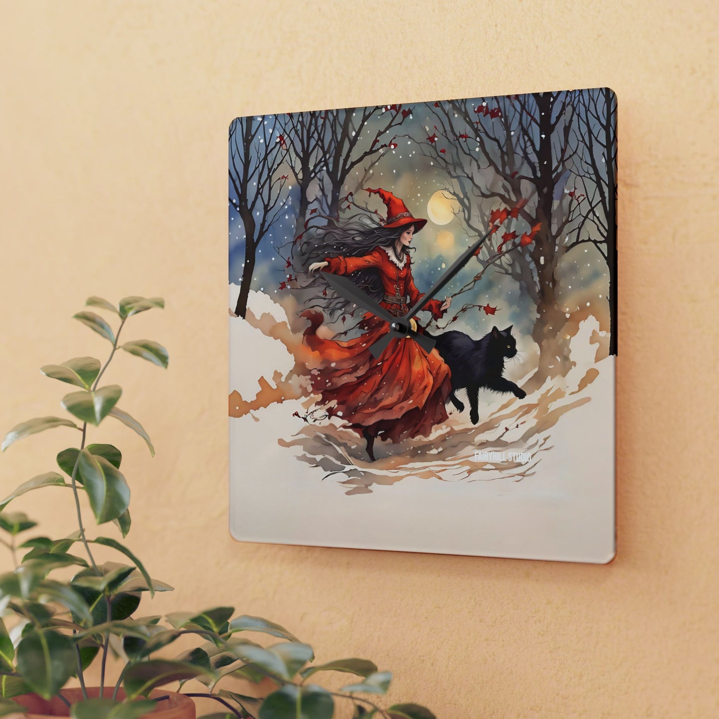 Acrylic Wall ClockThe  Crimson Witch  and  black cat /Art