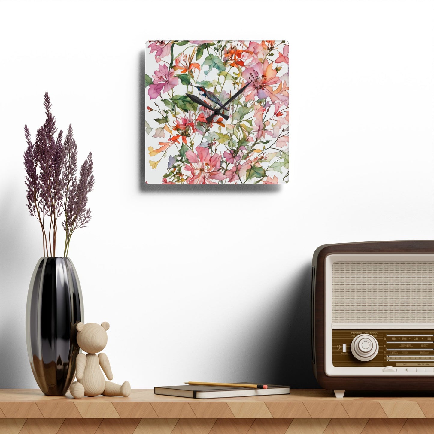 Wall Clock - Hummingbird in Pink Wild Flowers Watercolor Art by Fairyhill Studio