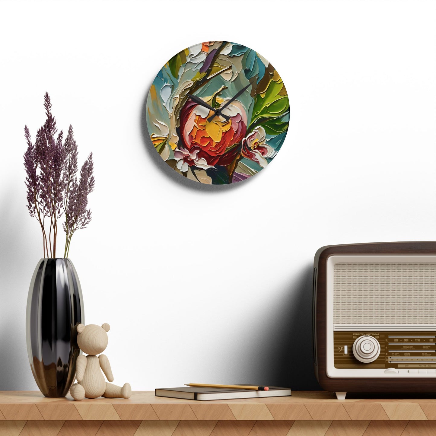 Wall Clock - Apple and Apple Flowers Impasto Art by Fairyhill Studio