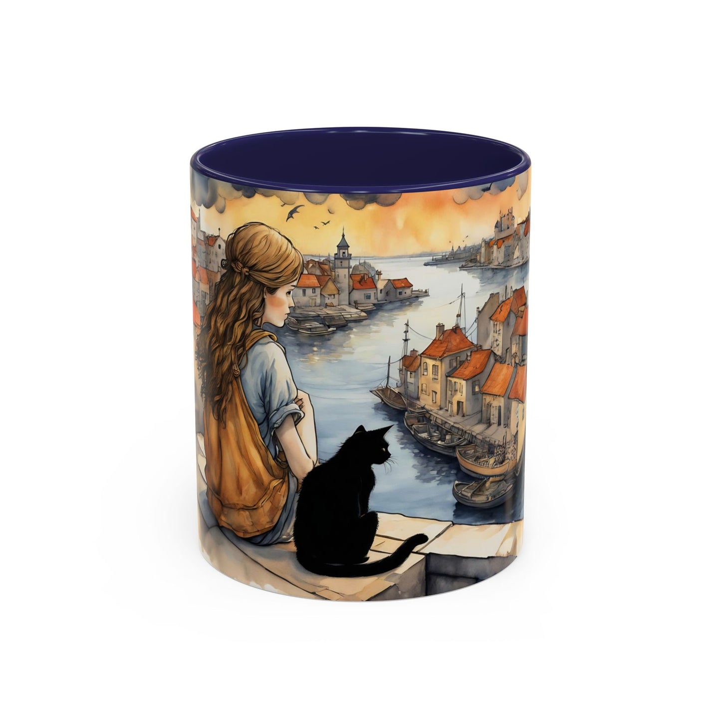 Girl with Black cat on a roof top Art-Themed Coffee Mug - 11 & 15oz Accent Mug for Musroom  Fsiry Lovers