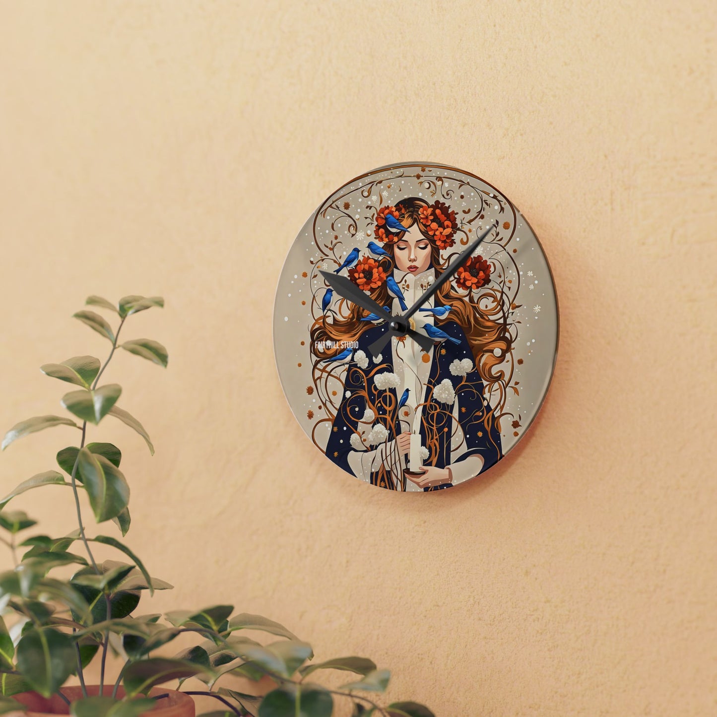 Acrylic Wall Clock - Blue Birds in Winter