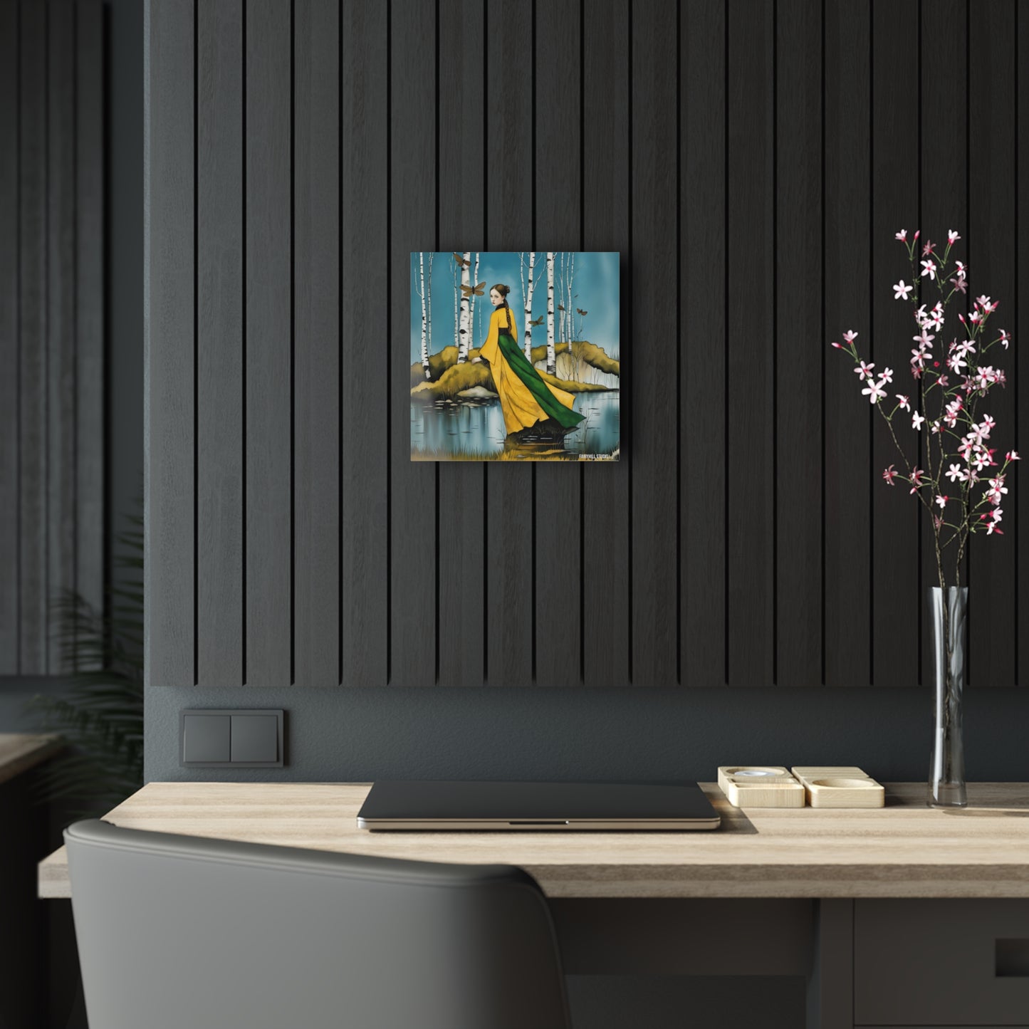 Art Acrylic Prints The girl with dragonflies in Birch Forest