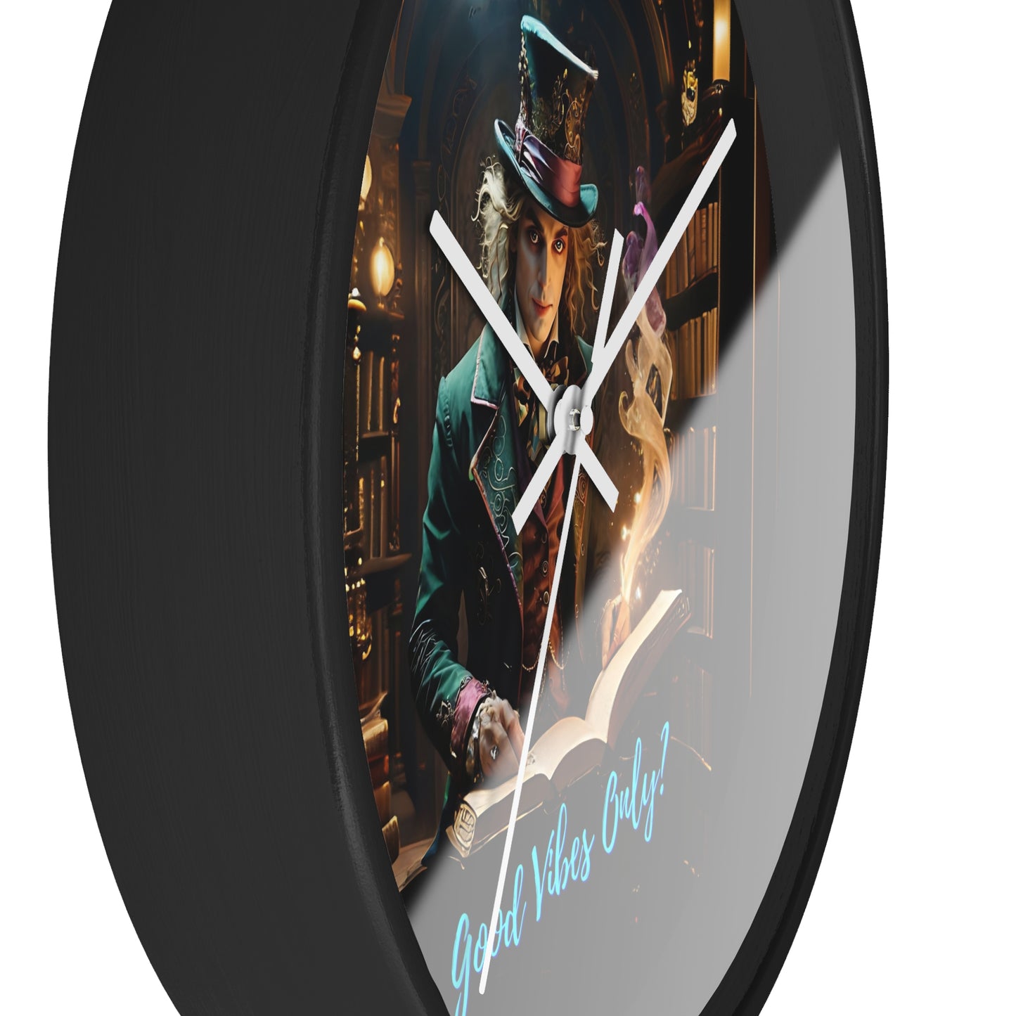 Wall Clock - &quot;Good Vibes Only&quot; Mad Hatter with Books Fairyhill Studio Art