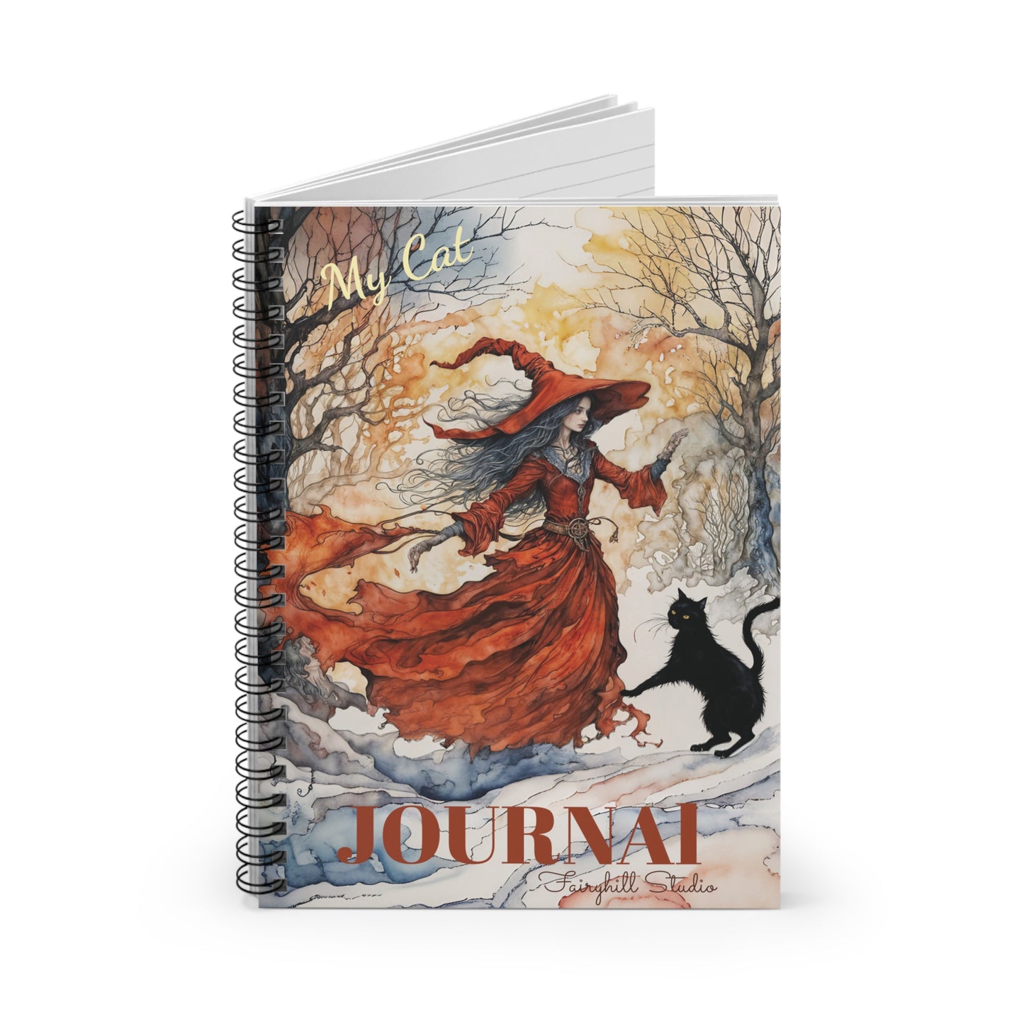 Spiral Notebook - Crimson witch Be Mindful Girl  with a black cat art Journal