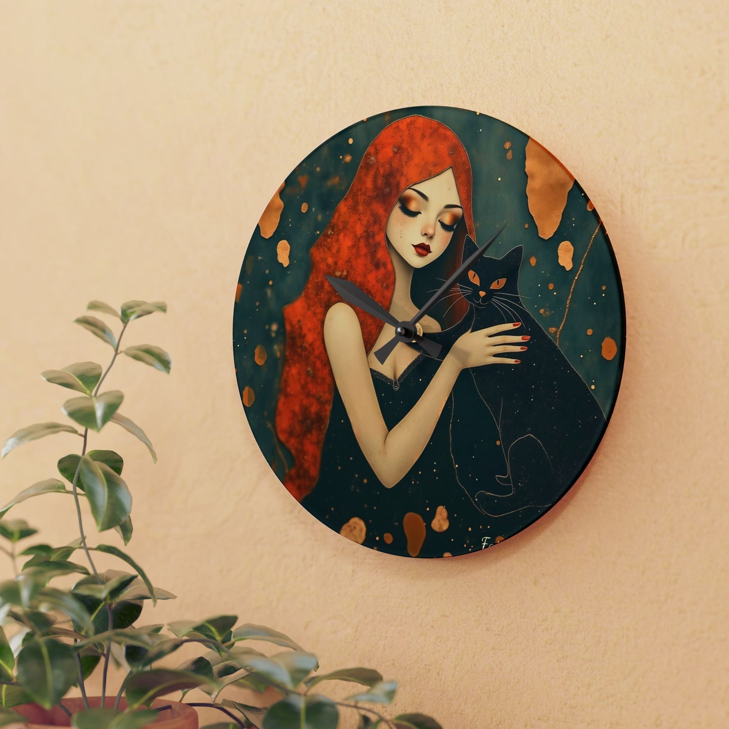 The Witching Hour Hug ,Girl with black cat   Wall clock  Gift   Acrylic Wall Clock