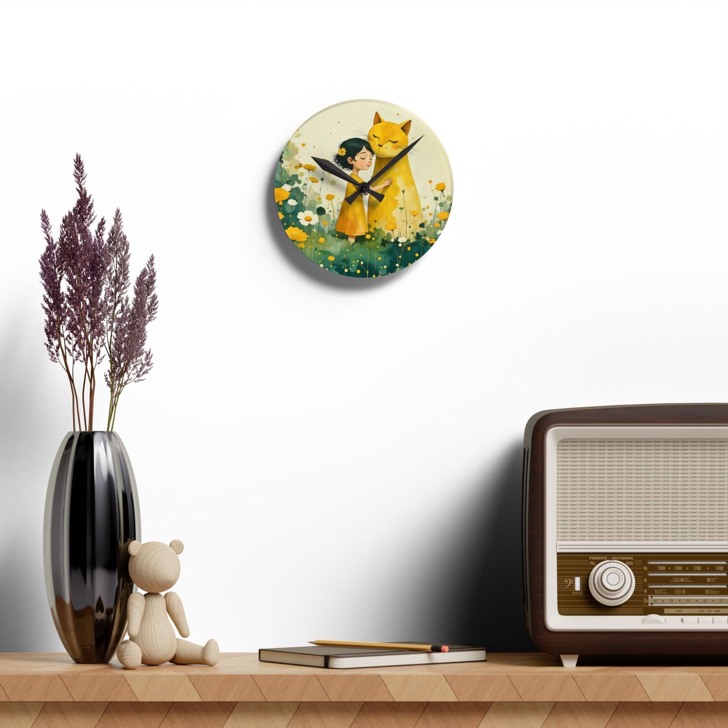 Girl with yellow cat Acrylic Wall Clock