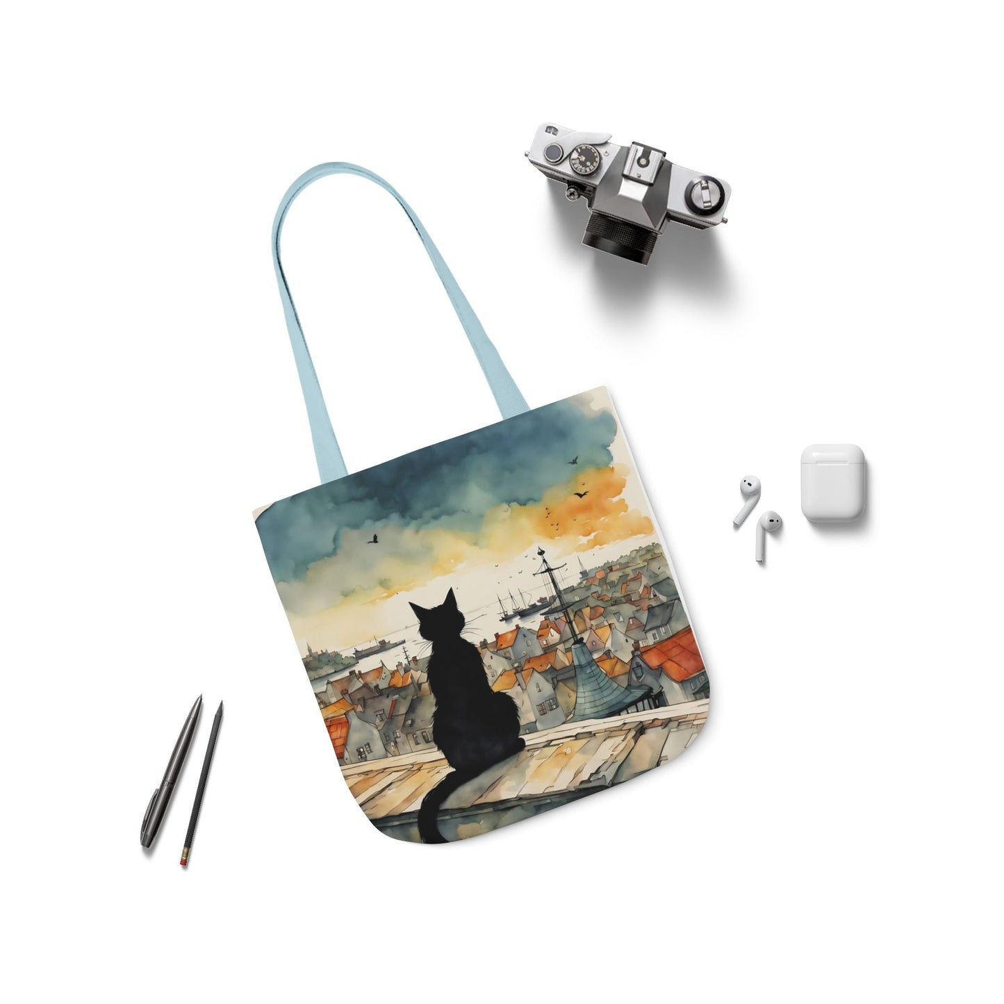 Black cat on a roof top  FairyHill Studio Red phone- Canvas Tote Bag - Perfect for Beach Days, Eco-Friendly Shopping, and Summer Fun!