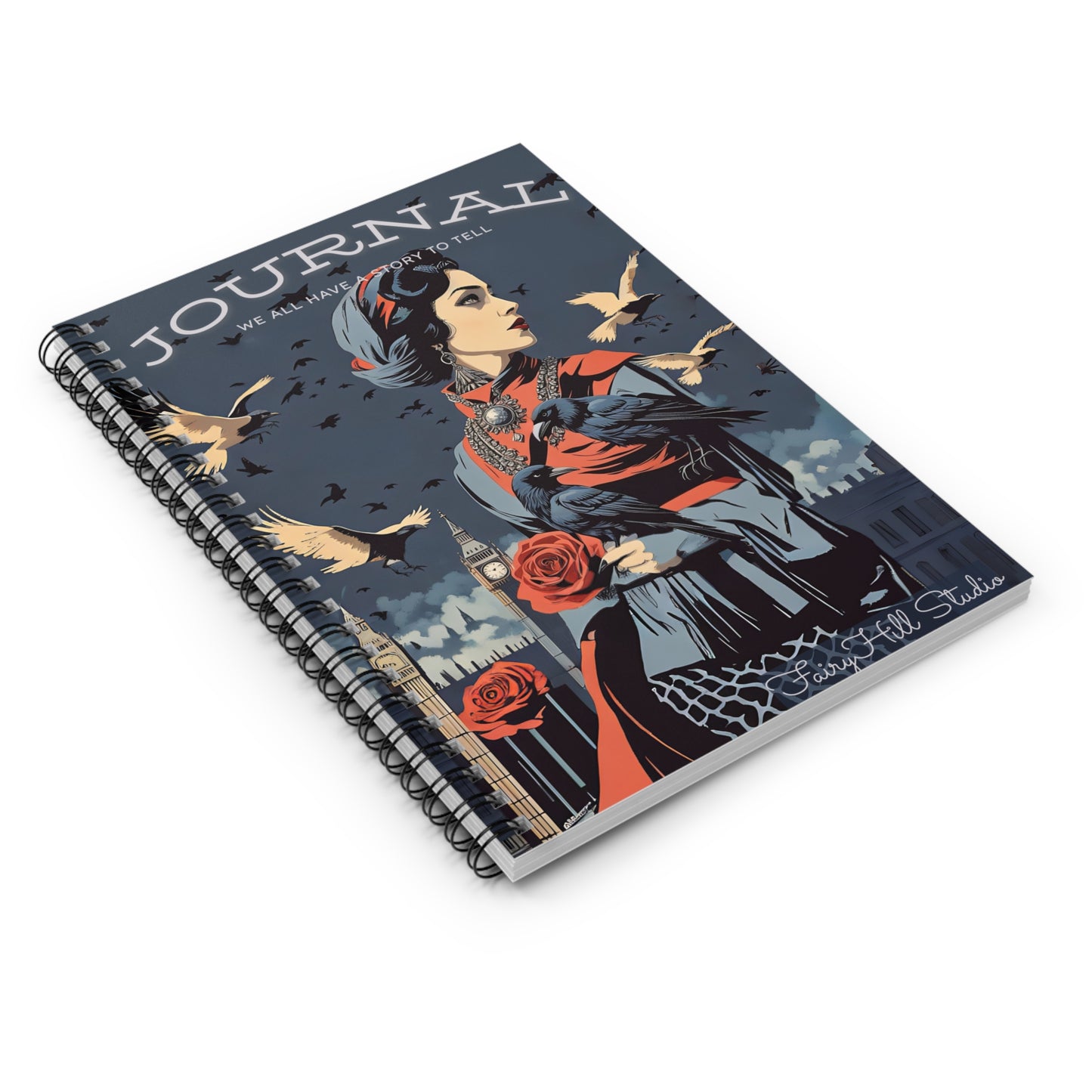 Vintage Model with crows in London  Spiral Notebook - Enchanted Lake Ruled Line Journal
