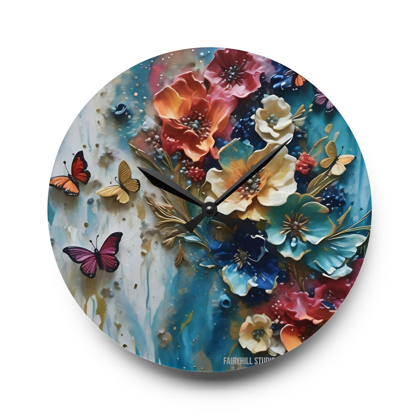 Acrylic Wall Clock - Impasto Flowers