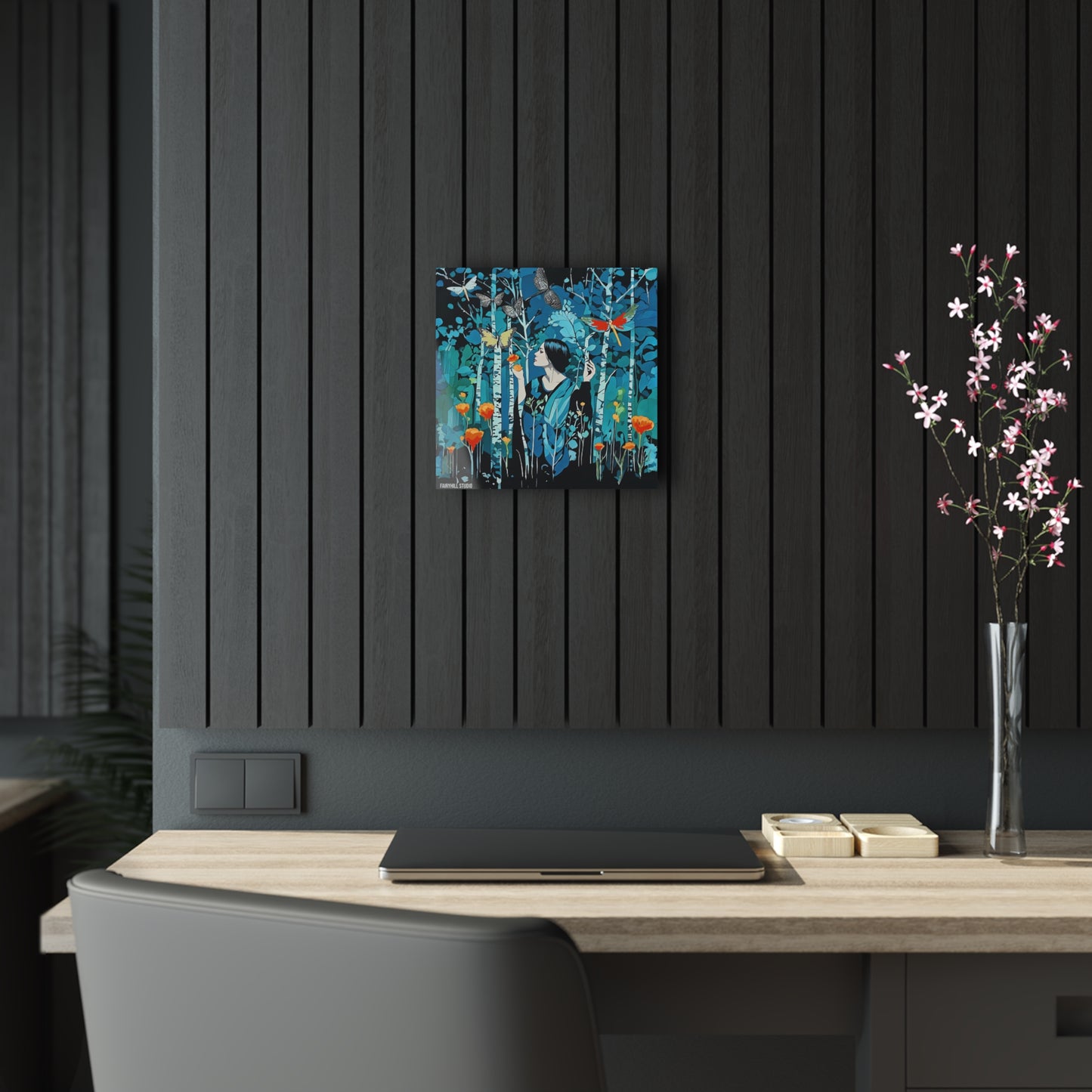 Art Acrylic Prints Woman in night garden with butterflies art