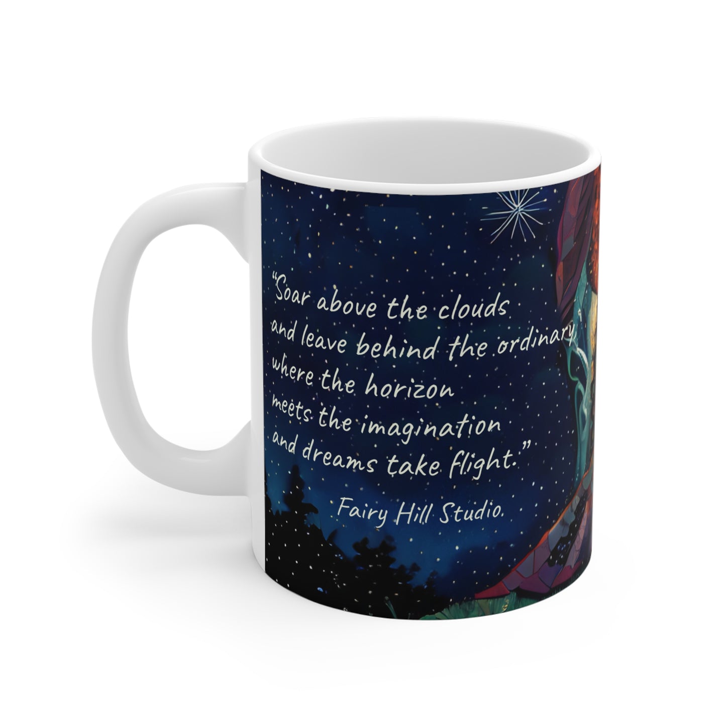 Mug - Girl Watching City Lights Snowing Night with Hot Air Balloons