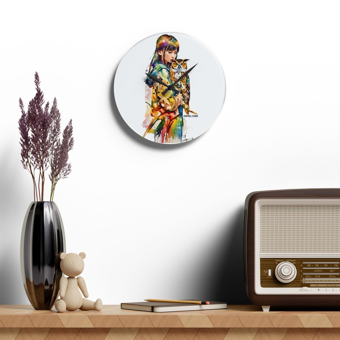 Acrylic Wall Clock -Girl with Owl Art