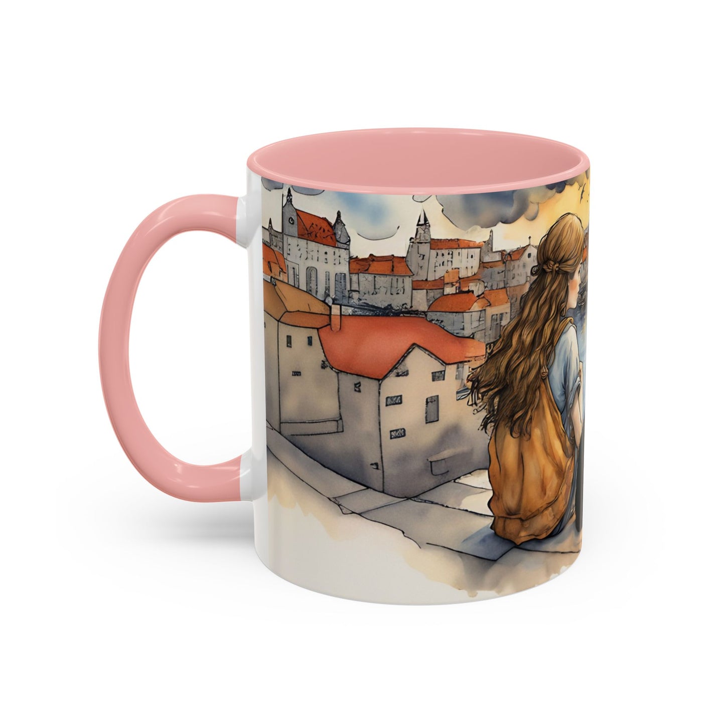 Girl with Black cat on a roof top Art-Themed Coffee Mug - 11 & 15oz Accent Mug for Musroom  Fsiry Lovers