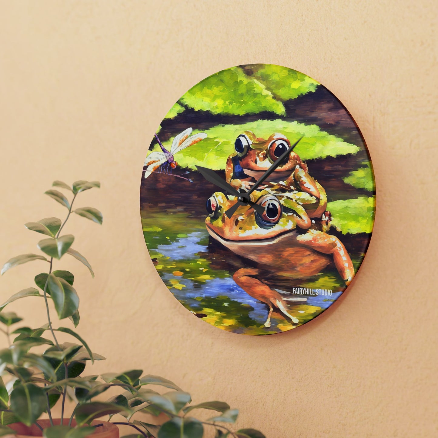 Wall Clock - Frogs and a Dragonfly in a Pond Acrylic Wall Clock