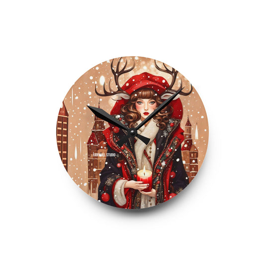 Acrylic Wall Clock -Winter Dear Girl with a Christmas Candle
