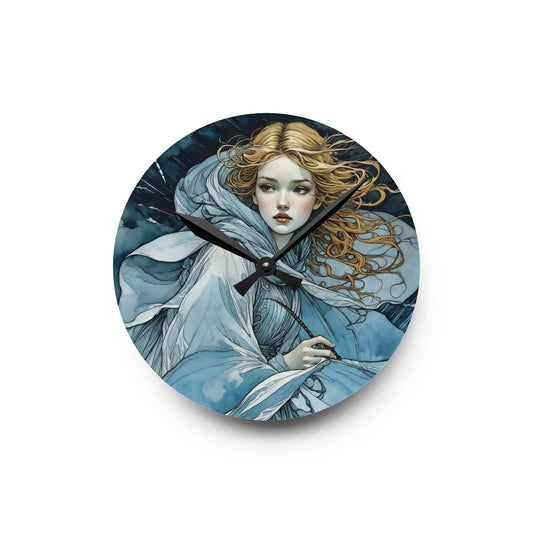 Acrylic Wall Clock Blue fairy with a dragonfly art by Fairyhill studio