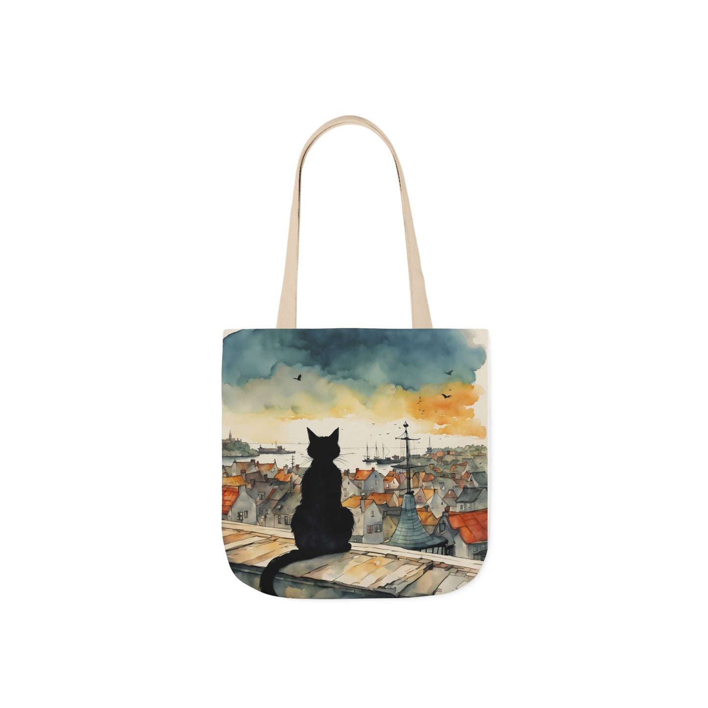 Black cat on a roof top  FairyHill Studio Red phone- Canvas Tote Bag - Perfect for Beach Days, Eco-Friendly Shopping, and Summer Fun!