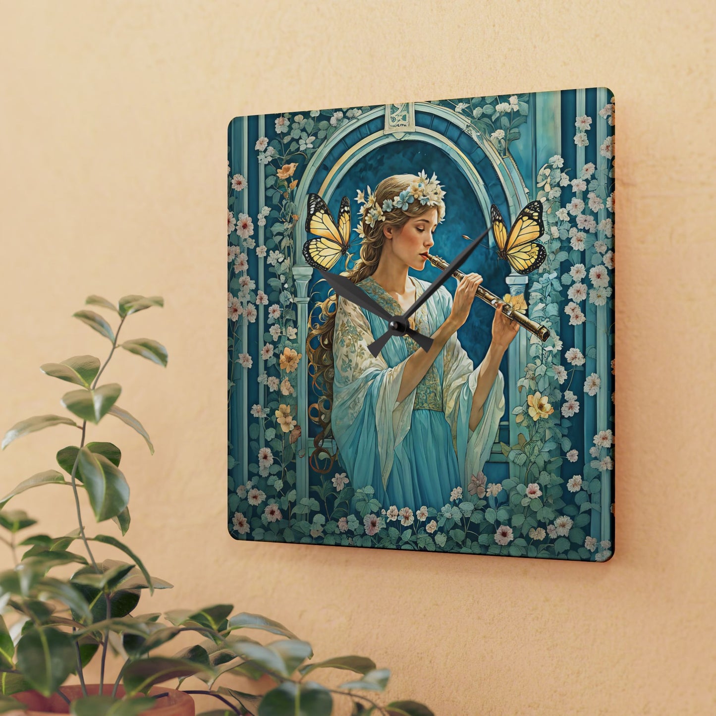 Butterfly / Flute player Acrylic Wall Clock