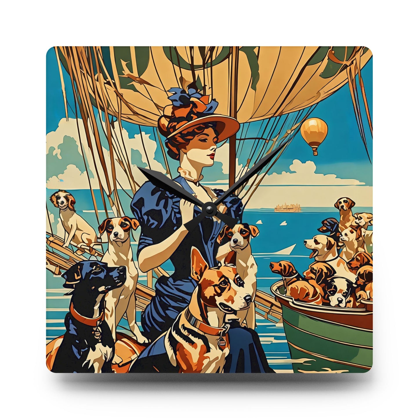 Acrylic Wall Clock - Sailing Away with My Dogs Illustration Art