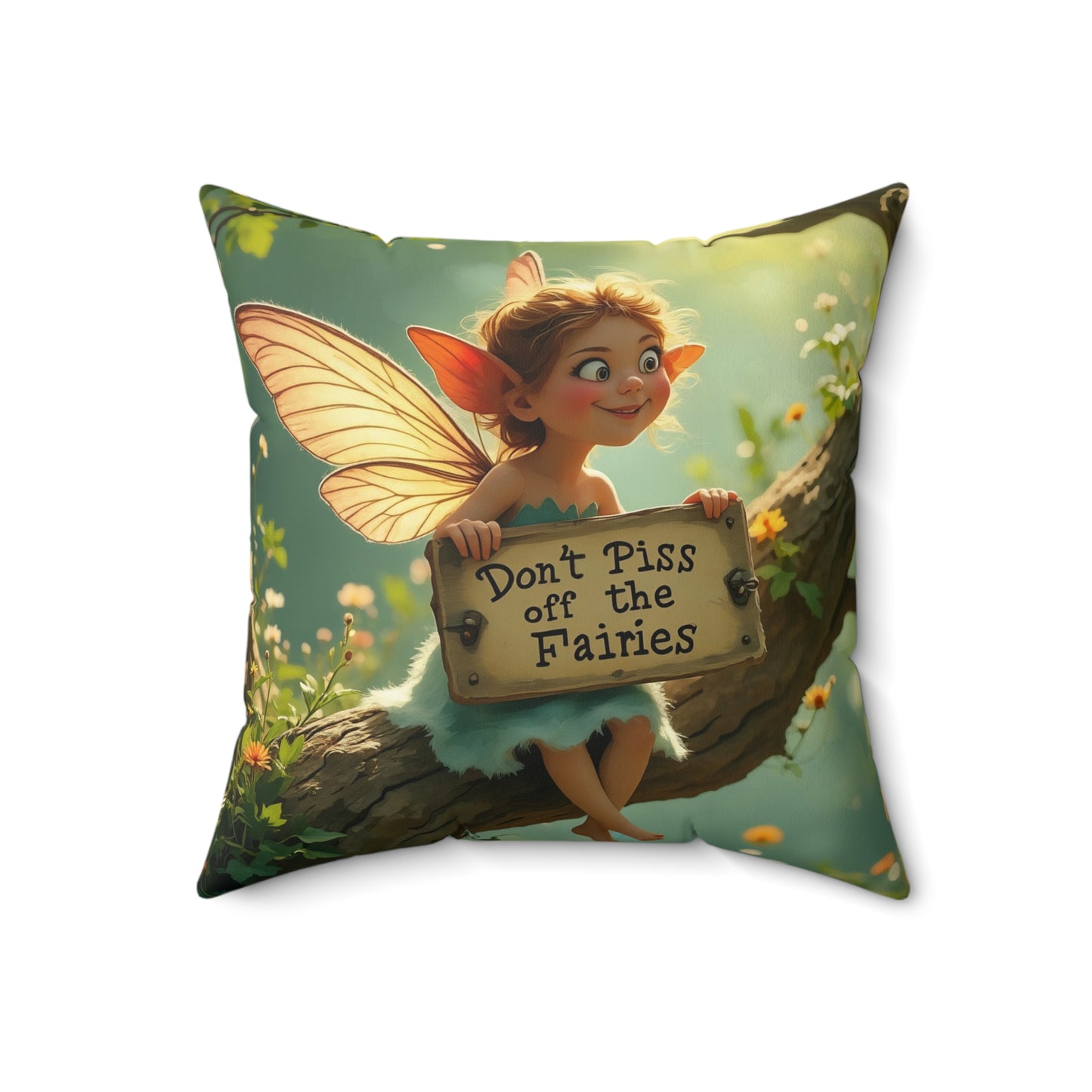 Square Pillow - "Don't Piss Off the Fairies"  Fairy Art Quote  by Fairyhill Studio