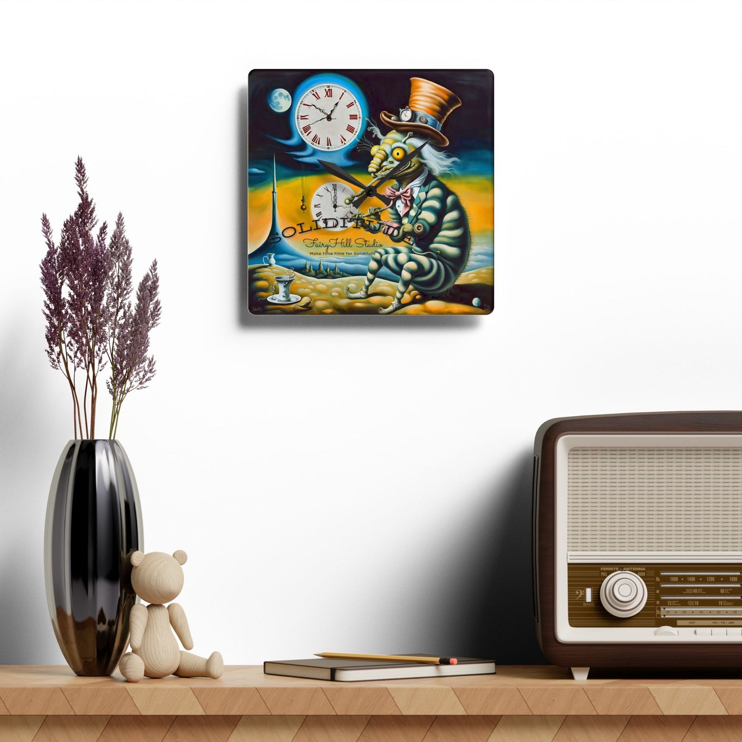 Wall Clock - Alice in Wonderland Caterpillar with Top Hat and Hookah Art by Fairyhill Studio
