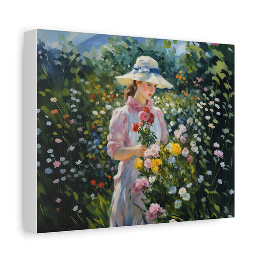 Canvas Art - Monet Style Floral Serenity with Elegant Woman and Flower Basket, Stretched Matte 1 25"